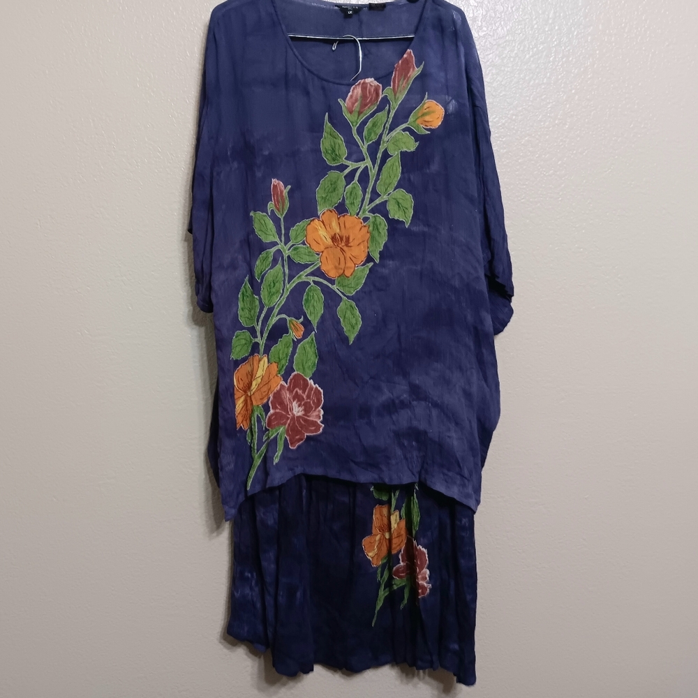 Nancy K Purple Floral Crinkle Rayon Tunic Maxi Skirt Set